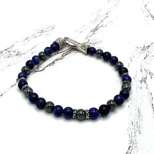 John Hardy Blue Lapis & Hematite Gemstone Bead Sterling Silver Bracelet 8-1/4"